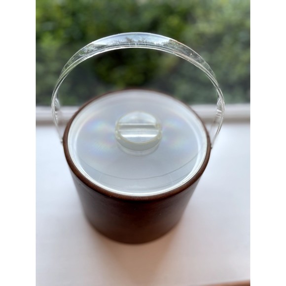 Vintage Georges Briard Tan Faux Leather Ice Bucket w/ Lucite Handle MCM - Picture 5 of 8